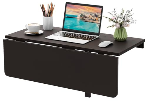 COSTWAY Table Pliante Murale, Petit Bureau Flottant Rabattable, Bureau D'Ordinateur Pliant en Bois de Pin Double Plateaux, pour Salle à Manger, Étude, Cuisine, 80 x 60 x 43 cm (Marron)