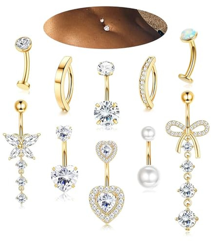 XFSRG 10 Stück 14G Bauchnabelpiercing Damen Edelstahl Hypoallergene Piercing Bauchnabel Clicker Lang Belly Piercing Set für Frauen(Gold)