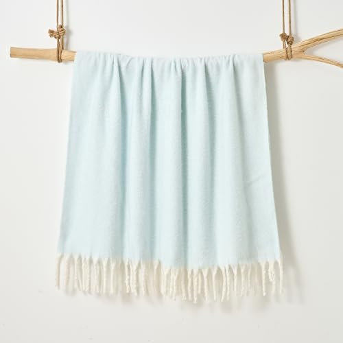 Aisling Plain Faux Mohair Throw 127 x 170cm - Luxury Super Soft Fringed Sofa Blanket, Large Size, Easy Care, Machine Washable, 100% Polyester (Duckegg)