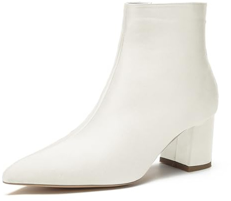 LRMYMHY Damen Chunky Block Niedriger Absatz Chelsea Stiefeletten Spitz Zehen Seite Reißverschluss Büro Klassisch Satin Kleid Kurz Stiefelette,Elfenbein,42 EU