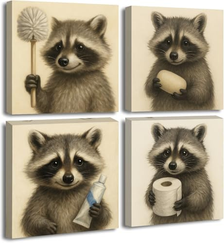 Visario Wandbilder Waschbär Badezimmer Deko 60x60 cm 4-teilig je 30x30 cm 6619 Leinwandbilder lustig Bad WC Bilder Sepia Tiermotiv humorvolle Wanddeko Gäste-WC Kinderzimmer Leinwand auf Holzrahmen
