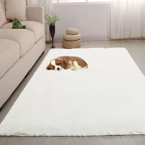 LIUNADM Teppich Wohnzimmer 60 x 180 cm Shaggy Modern Flauschiger Extra Weich Wohnzimmer Teppich Hochflor Langflor Langlebig Und Pflegeleicht Schlafzimmer, Weiß