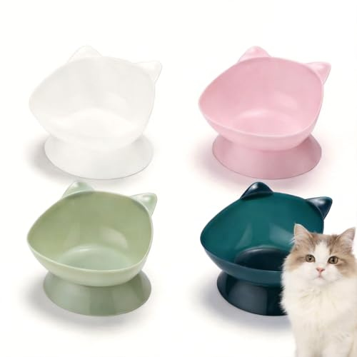 15° Inclined Cat Bowl Set (4 pieces), wide and shallow ABS food and water bowls to prevent pets from choking. Suitable for both dry and wet cat food.