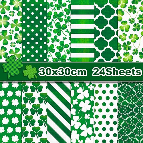 24 Blätt Grünes Scrapbook Papier St. Patrick’s Day Kleeblatt-Muster,12 Designs Doppelseitige Bastelpapier Dekorpapier für Scrapbook Craft Origami Papier Journal Motivpapier DIY Fotoalbum,30x30CM