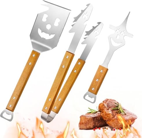 3TLG Grillbesteck Set,Grill Zubehör mit Grillzange,Grillwender,Fleischgabel | Extra Langes Grillwerkzeug,Edelstahlmaterial Grillbesteck,Grillzange,Grill Zubehör mit Holzgriff,Grillzubehör MäNner Geschenk