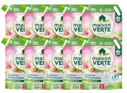 Maison Verte - Recharge Lessive Liquide - Parfum aux Huiles Essentielles - Lessive Détachante - Amande Douce - Peaux Sensibles - Efficace dès 20°C - 5 Enzymes Actives d'Origine Naturelle - 330 Lavages