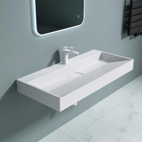 Durovin Bathrooms Luxurious Cast Stone Resin Bathroom Basin - Wall Hung Or Countertop Dual-Installation Basin Sink One Tap Hole - Concealed Waste - 1000 x 460mm (WXD)