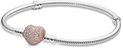 PANDORA Icons Bracciale in argento in maglia snake con chiusura a forma di cuore placcata in oro rosa 14 carati e zirconi cubici trasparenti, 17