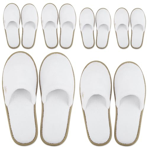 BERGMAN KELLY Spa Slippers, Closed Toe (Medium & Large, 12 Pairs, White + Cocoa Trim), Disposable Indoor Hotel Slippers for Men and Women, Fluffy Coral Fleece, Deluxe Padded Sole for Extra Comfort