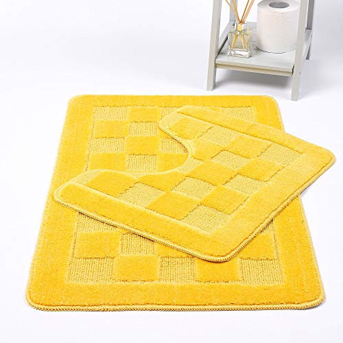 Bath Mat & Pedestal Mat Chequered 2 Piece Sets Bath Mats for Bathroom Shower U-Shaped Contour Toilet Mat Plush Non-slip Antibacterial Rubber Back Rugs (Lemon)