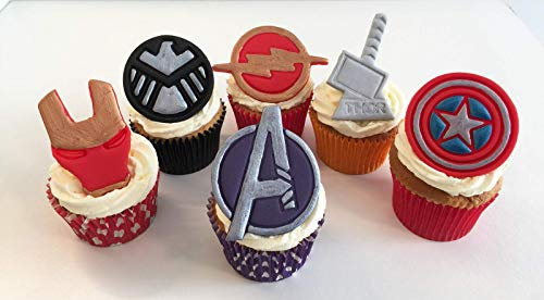 Holly Cupcakes Marvel Mixed Cake Toppers Set of 6 - Avengers Logo, Shield, Flash, Captain America, Thor's Hammer, Iron Man Mask - Multicolored - Birthday Occasion