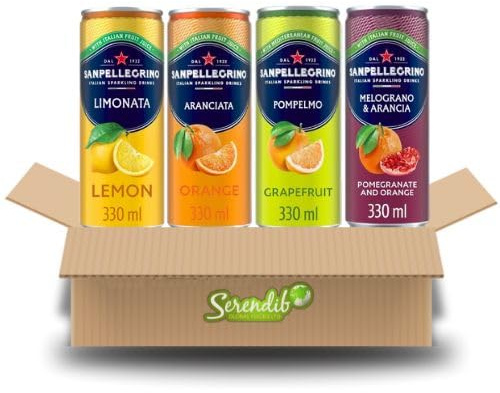 San Pellegrino Fizzy Soft Drink Mixed Case of 24 (330ml Cans) - Lemon, Orange, Grapefruit, Orange & Pomegranate with free 230g Gallacto Sweet chilli sauce by Serendib