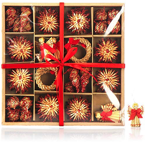 com-four® 56-teiliges Strohsterne Set - verzierte Sterne, Glocken, Tannen, und traditionelle Figuren - kleine Stroh-Anhänger - besonderer Christbaum-Behang - Bauernchristbaumschmuck