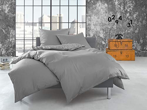 Bettwaesche-mit-Stil warme Fein Flanell Winter Bettwäsche grau Uni/einfarbig 240x220 + 2X 80x80 cm - 100% Baumwolle
