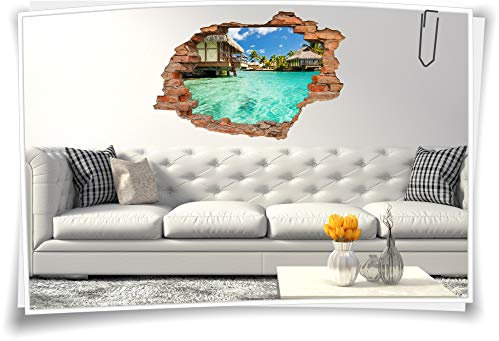 3D Wand-Bild Wand-Tattoo Wand-Aufkleber Tahiti Meer Malediven Bungalows Urlaub Deko, 90x60cm