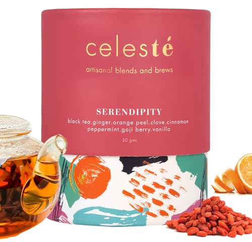 CelesTe Serendipity - Goji Berry Tea - Premium Blend with Ginger, Orange Peel, Clove, Cinnamon, Peppermint, Vanilla | 100% Natural Loose Leaf Black Tea (50gm) (25 Cups)