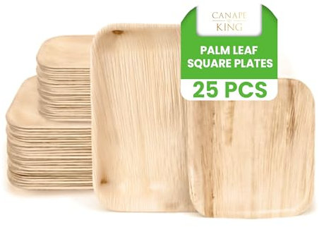 Canape King 25x Disposable Palm Leaf Plates Square - Eco-Friendly Biodegradable Compostable 100% Natural Dinner Plates - Perfect Disposable Tableware for Parties, BBQ, Picnic, Wedding (25cm)