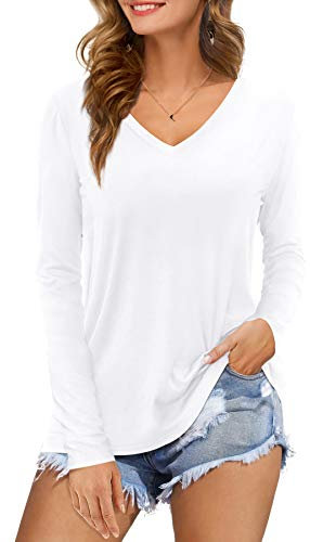 Florboom Long Sleeve T Shirts Women Tops Loose V Neck Pullover Solid Color White Size 14 16