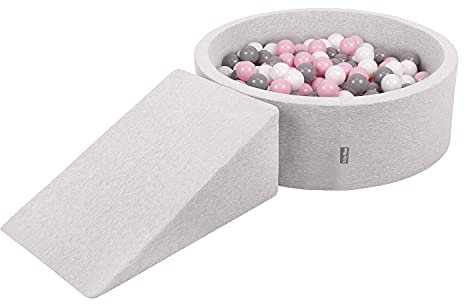 KiddyMoon Area di Gioco in Schiuma con Tondo Piscina di Palline (200 Palline) per Bambini, Grigioch:Bianco/Grigio/Rosa Chiaro