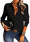 NONSAR Damen Bluse Elegant V-Ausschnitt Hemden Langarm Casual Arbeit Oberteile mit Knöpfen Hemd Lose Langarmshirt Einfarbig Tops(9337L,Schwarz)