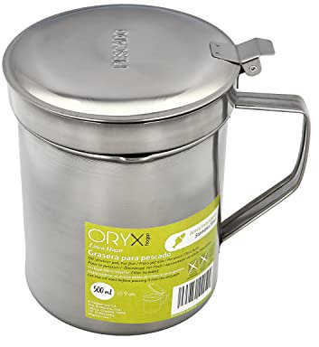 Grasera Acero Inoxidable Para Pescado Aceitera Aceite Usado 0,5 L. Con Colador y Tapa, Recipiente Reciclaje Aceite Usado Pescado