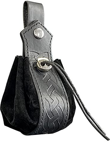 HiiFeuer Mittelalterliche Kunstledertasche mit Kordelzug, Retro-Nordische Tragbare Geldbörse, Vintage-Gürteltasche, Würfeltasche für LARP Ren Faire(Schwarz A)
