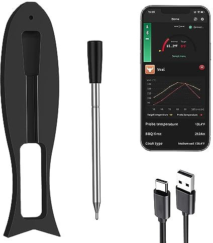 BVRONA Wireless Meat Thermometer, 50m Range Bluetooth Meat Digital Thermometer, Food Thermometer with Smart Alert for Oven, Smoker, Rotisserie, BBQ, Smart Meat Thermometer with APP Control