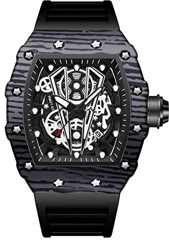FORSINING Modische Quarzuhr für Herren, Skelett, rechteckig, großes Zifferblatt, analog, Herren-Armbanduhr, lässig, Business, Silikonband, Militäruhren, Schwarz (B), Armband
