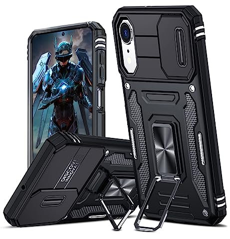 TUUTPU Cover per iPhone XR, Custodia Scorrevole Protezione Fotocamera Militare Antiurto Case con 360° Magnetica Anello Rotante Supporto e TPU Silicone + PC Bumper All'aperto, Nero