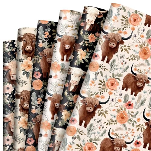 AnyDesign 12 Blatt Aquarell Yak Geschenkpapier 6 Designs Geschenkpapier Bulk Floral Kuh gefaltet flach dekoratives Bastelpapier für Yak-Thema Geburtstag Babyparty DIY Handwerk Geschenkverpackung