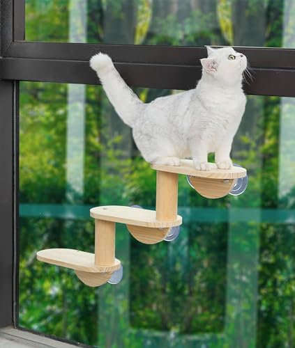 HAPYKITYS Cat Window Ladder 3-Levels for Indoor Cats Climbing Wood Window Shelf Cats Play and Watch Birds