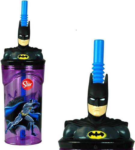 Golddunes 3D Cartoon Character Kids Figurine Re-usable Plastic Tumbler Beaker with Re-usable Flexi Straw - 360ml (Batman)