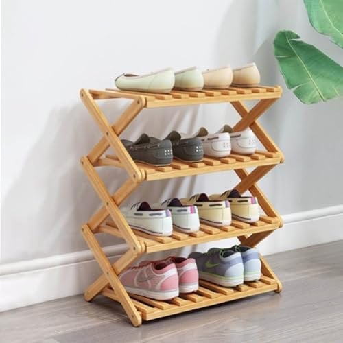 Glsety Schuhregal aus Bambus mit 4 Ebenen, tragbar, zusammenklappbar, ohne Installation, kleines Schuhregal, perfekt für Korridore, Schlafzimmer und kleine Räume (4 Etagen)