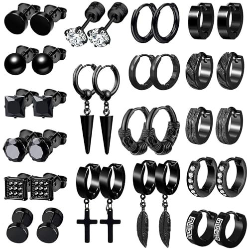 18 Paare Ohrringe Herren Edelstahl Creolen Kreuz Feder Hängend Schwarz Ohrstecker für Herren Damen Cool Kpop Ohrring Set
