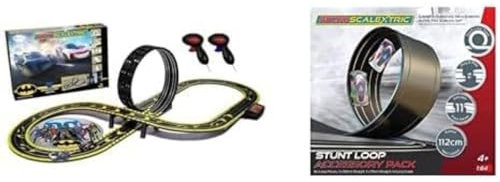 Micro Scalextric Sets for Kids Age 4+ - Batman vs Joker Set, Battery Powered Electric Racing Track Set, Slot Car Race Tracks - Includes 1x Race Set & 1x Stunt Extension Pack - Stunt Loop