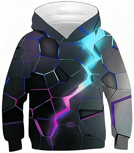 Ocean Plus Jungen Kapuzenpullover Bunt Teens Hoodie Kinder Langarm Pulli mit Kapuzen Sweatshirt Pullover (L (Körpergröße: 145-150cm), Blau-Rosa-Geometrie)