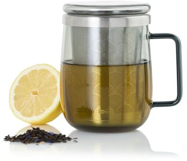AdHoc Yuna Tea Glass with Infuser/Filter, Loose Leaf Tea Strainer with Cup/Mug, 560ml, Heat Resistant Borosilicate Glass, Lid Included, Dishwasher Safe
