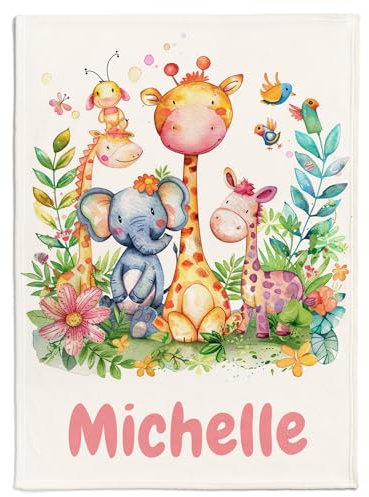 Pictogogo Personalisierte Babydecke mit Namen und Datum - Kuschelige Meilensteindecke aus Minky-Fleece, Ideal als Geburtsgeschenk (Dschungeltiere)