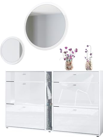 Vladon Garderoben-Set Florence mit Schuhschrank und 2 Wandspiegel, Made in Germany, Weiß matt/Weiß Hochglanz