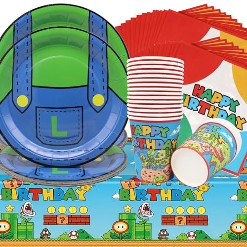 Doyomtoy Vajilla Temática de Animación,61 Piezas Vajilla para Fiestas Temáticas de Fontanero,Animación Platos Cumpleaños,Vasos de Papel Toallas de Papel Manteles para Cumpleaños Niño Fiestas