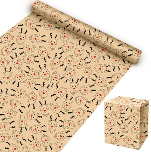 ZALAON Rouleau De Papier D'emballage De Noël, 43 CM x 10 M Papier D'emballage Avec Le Renne Rudolph Pour Cadeaux Papier Kraft D'emballage Pour Boîtes-Cadeaux Décoration De Fête