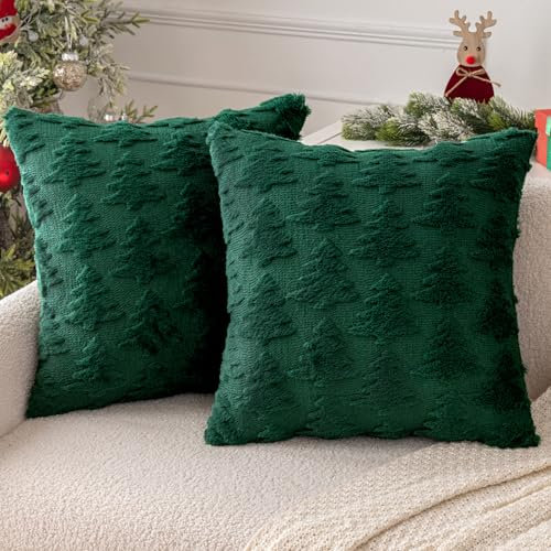 MIULEE Weihnachten Kissenbezug Weihnachtstag 2er Set Kurz Wolle und Samt Kissenbezüge Deko Luxuriöses Winter Zierkissenbezug für Sofa Schlafzimmer Wohnzimmer,Weihnachtsbaum, Dunkelgrün, 45x45cm