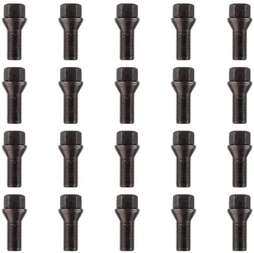 RYBO Set of 20 Alloy Wheel Bolts M14 x 1.25, 27mm Thread, Taper Seat, 17mm Hex (Black)