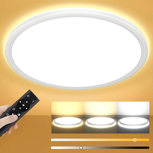 Deckenlampe Led Deckenleuchte Dimmbar mit Fernbedienung, 24W 2400LM Ø30cm H2.47cm Rund Flach LED Panel Decke Lampe für Schlafzimmer Badezimmer Wohnzimmer Kinderzimmer Küche 3000K-6500K IP44 Ultra Dünn