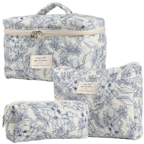 Lot de 3 Trousse de Toilette Matelassée Femme en Coton Doux, Trousse de Maquillage Fleurie, Trousse à Cosmétiques Matelassée à Fermeture Éclair, Trousse de Toilette Voyage de Grande Capacité (D)