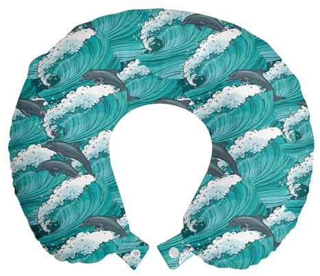 ABAKUHAUS Meerestiere Reisekissen Nackenstütze 2er Pack, Surfen Doodle Dolphins Schaumstoff Reiseartikel für Flugzeug und Auto, 30x30 cm, Charcoal Grey Teal weiß