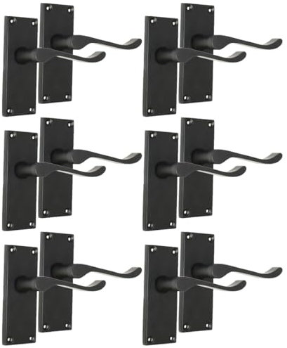 Matt Black Scroll Door Handle Set - Victorian Style Internal & External Lever Door Handles with Backplate (6 Pair of Handles)