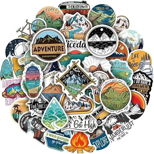 50 PCS Wilderness Adventure Stickers - Outdoor Nature Hiking & Camping Vinyl Decals for Laptops, Water Bottles, Scrapbooks