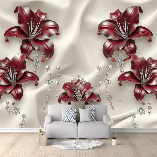 Générique Papier Peint Intissé 3D Relief Floral Lys 200x140 cm Papier Peint Mural Poster Tableaux Muraux Tapisserie Photo, Chambre D'enfants Mural Personnalisé pour Salon Chambre Décor