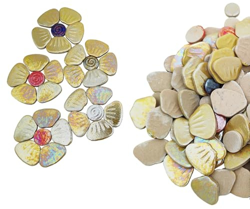 Anktily 500 g schillernde gelbe Blumen-Keramik-Mosaikfliesen für Bastelarbeiten, Großpackung, 18–20 Blumen, 3 Größen, DIY Haus & Garten Kit Dekor